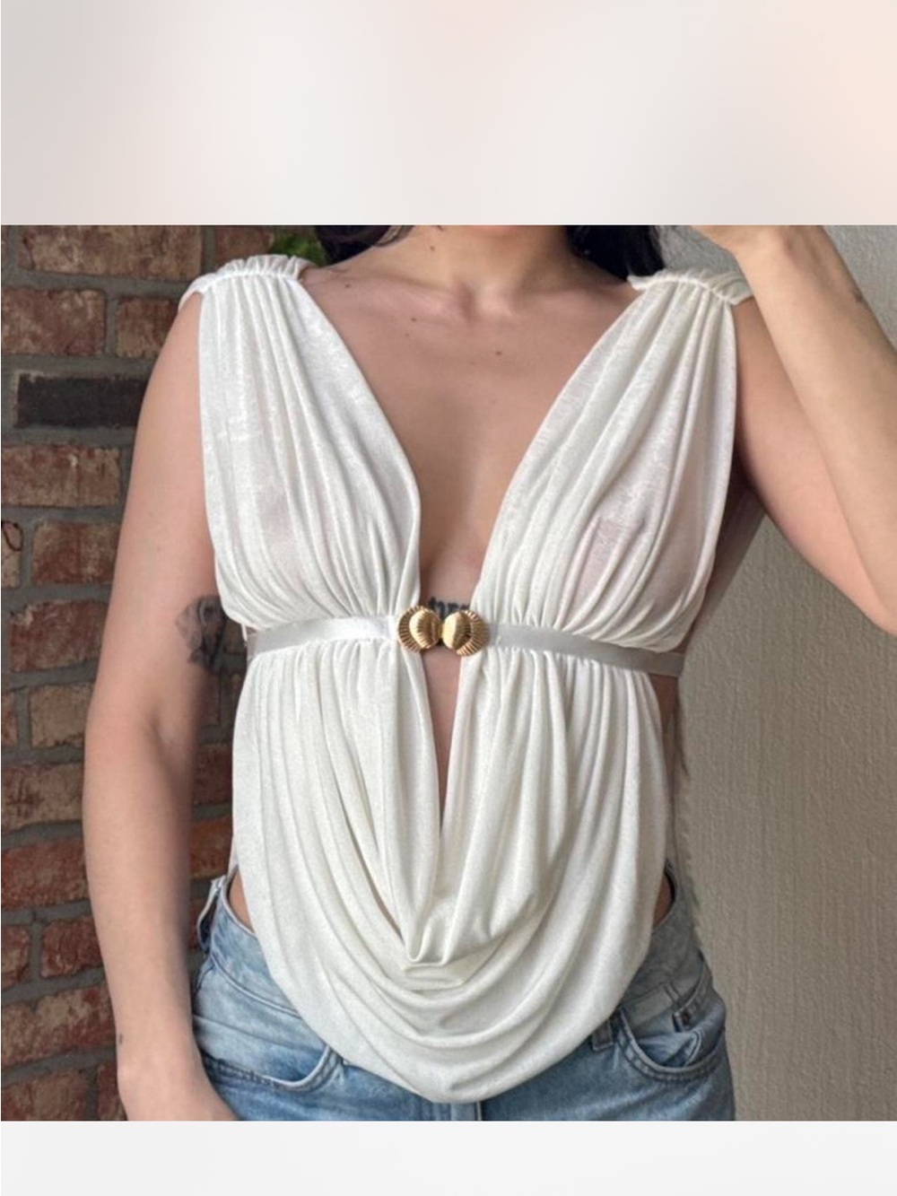 Vintage White Draped Plunging V Camisole with Gold Accent